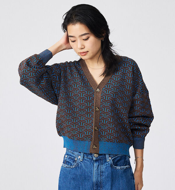 Rouge vif「【Le Melange/ル・メランジュ】ジャガードVネックカーディガン / 幾何」|カーディガン|