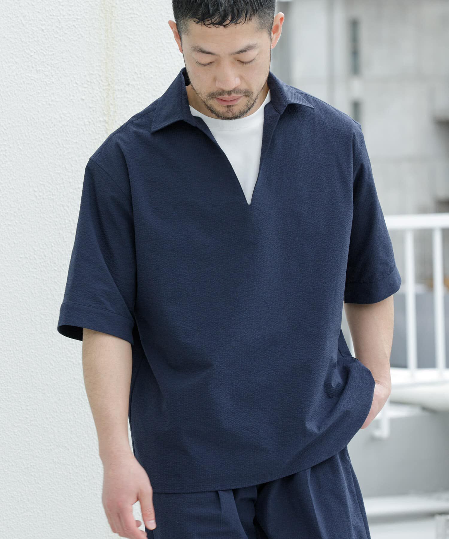 URBAN RESEARCH ROSSO「『WEB限定』『ｾｯﾄｱｯﾌﾟ対応/XLｻｲｽﾞあり』ｼｱｻｯｶｰｽｷｯﾊ 」|シャツ・ブラウス|ネイビー