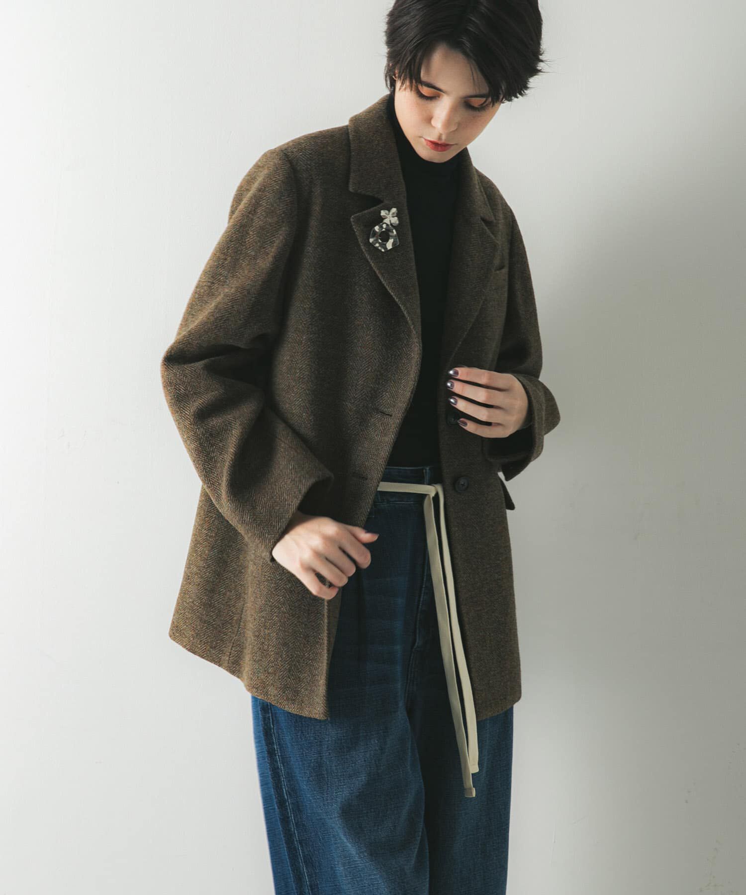 URBAN RESEARCH「ブリティッシュウールツイードジャケット」|ノーカラーコート|