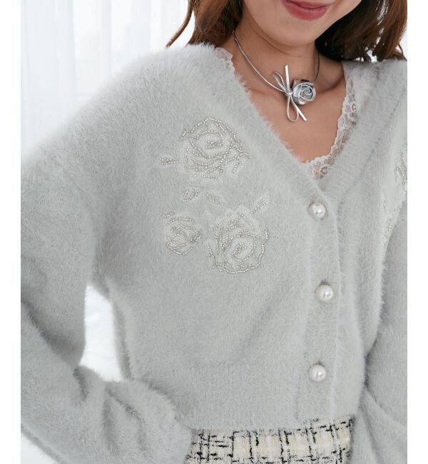 MAJESTICLEGON「キラキラビーズ刺繍シャギーカーデ」|カーディガン|