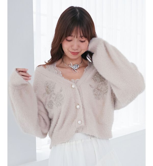 MAJESTICLEGON「キラキラビーズ刺繍シャギーカーデ」|カーディガン|ピンク