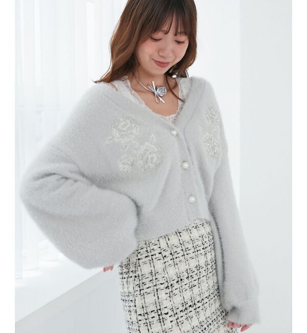 MAJESTICLEGON「キラキラビーズ刺繍シャギーカーデ」|カーディガン|L／グレー