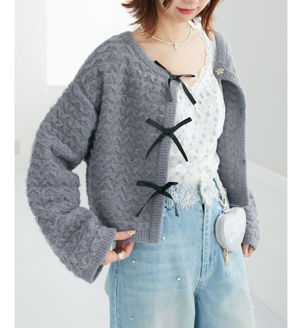 「フロントリボンショートカーディガン」|カーディガン|Ｃ／グレー