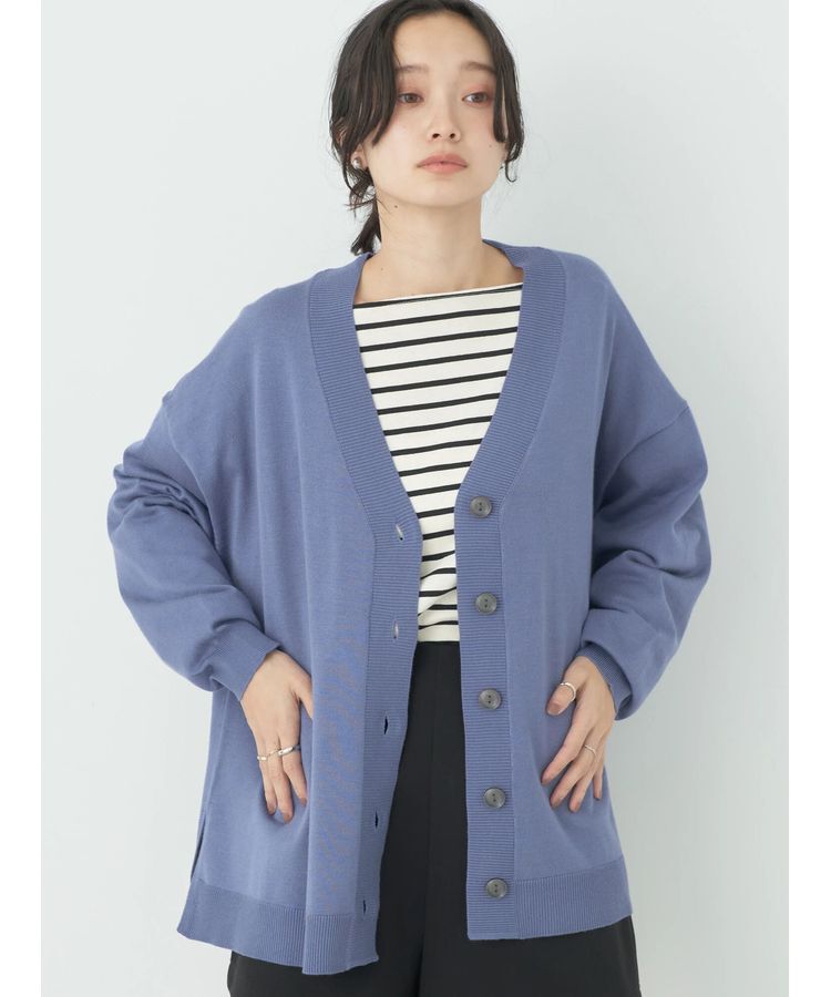 earth music&ecology「サイドスリットルーズVネックカーディガン」|カーディガン|Blue