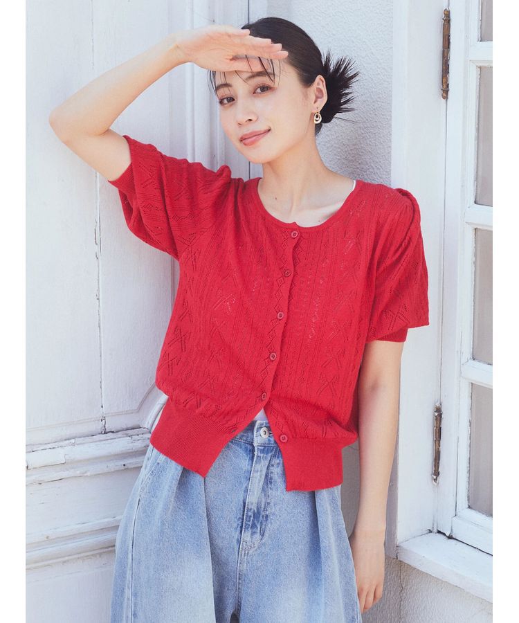earth music&ecology「リボン柄透かし編みニットカーディガン」|カーディガン|Red