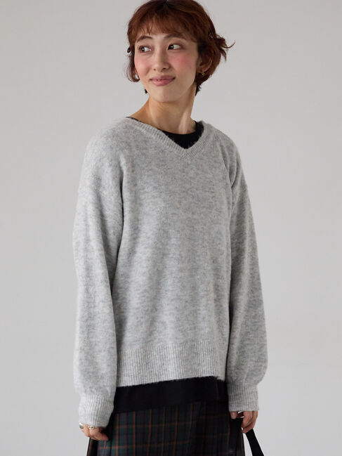 Lugnoncure「もちもちメランジVネックニット」|ニット・セーター|グレー