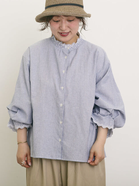 Samansa Mos2「襟レースシャーリング袖タックブラウス」|シャツ・ブラウス|ブルー