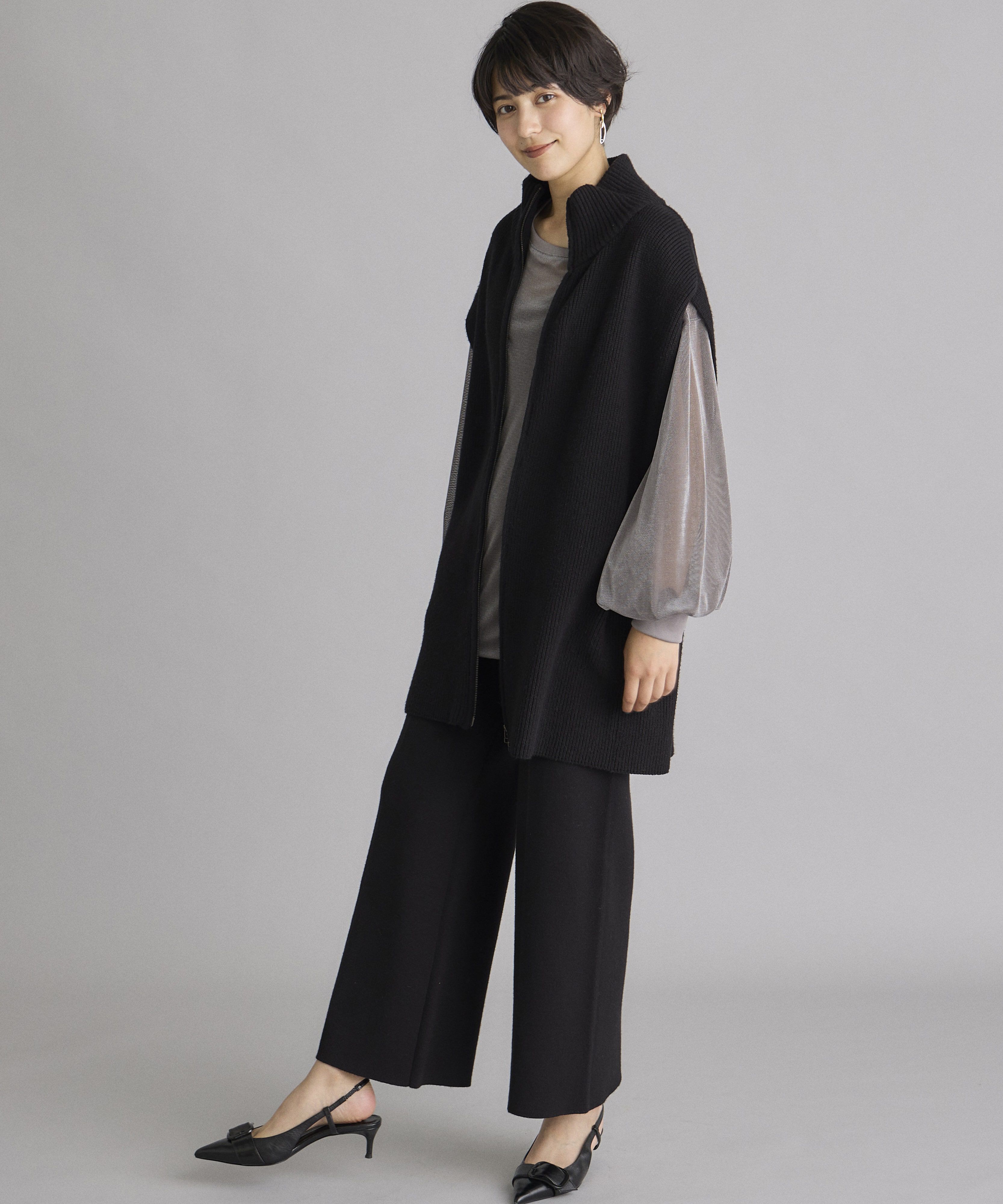 INED「《INED CLARO》ジップアップジレニットアップ」|カーディガン|