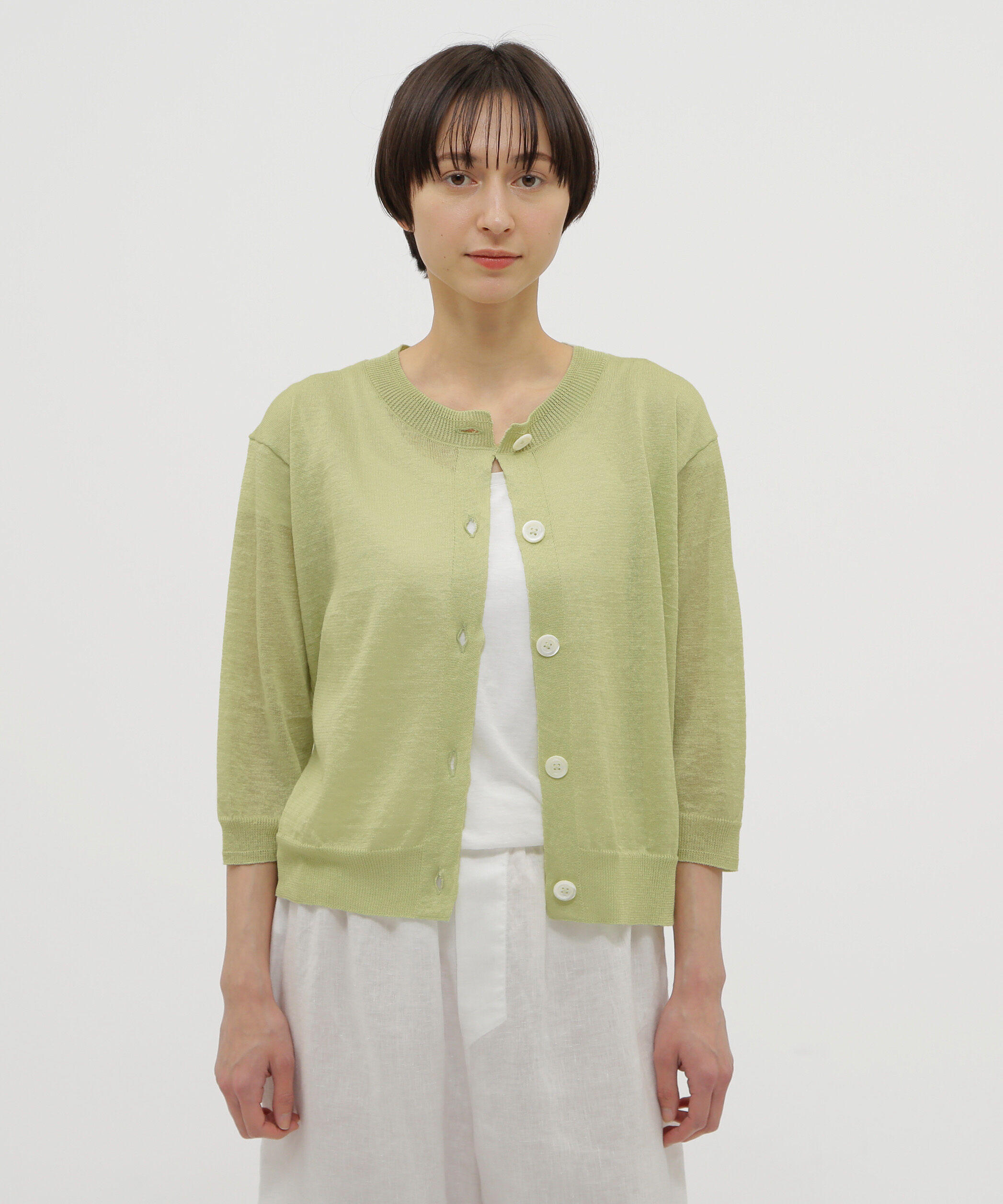 MARGARET HOWELL HOUSEHOLDGOODS「FINE LINEN」|カーディガン|LIGHT GREEN2