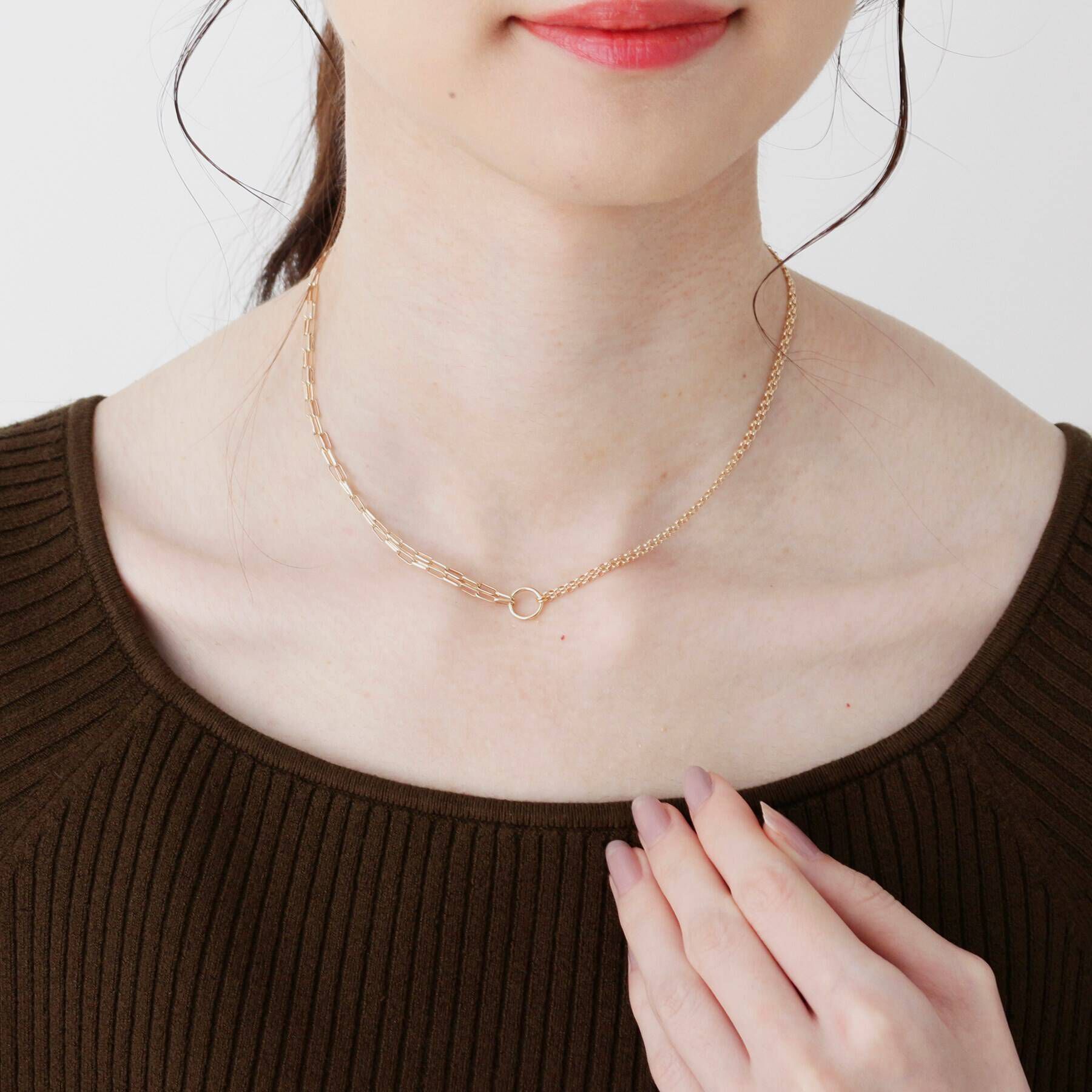 COCOSHNIK「K10ロングアズキ アシンメトリーチェーン ネックレス」|ネックレス|