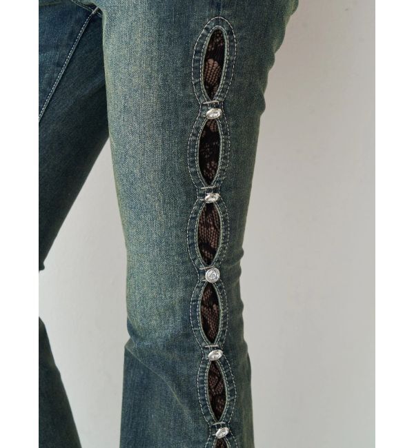 EVRIS「サイドビジューフレアデニムパンツ」|デニム|