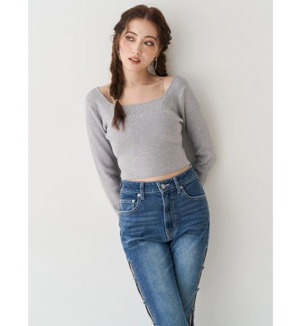 EVRIS「サイドビジューフレアデニムパンツ」|デニム|