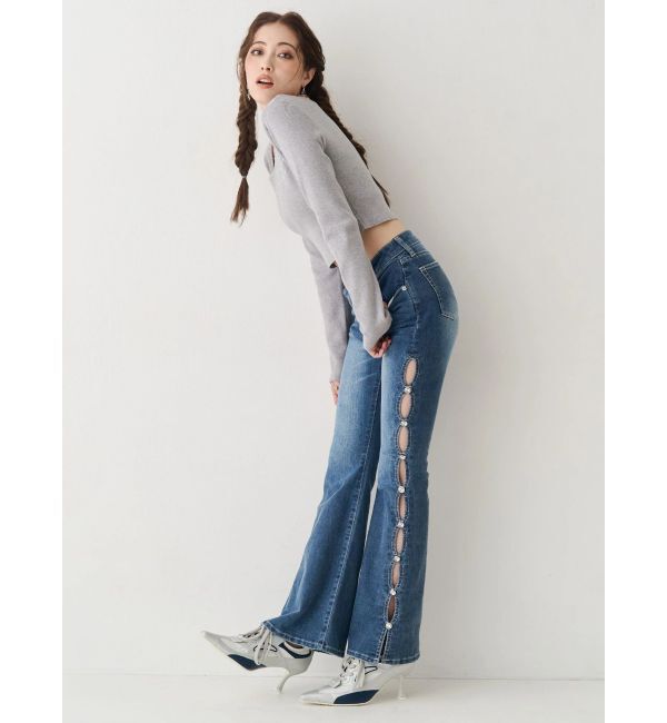 EVRIS「サイドビジューフレアデニムパンツ」|デニム|