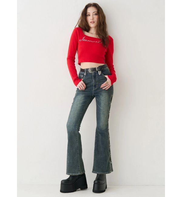 EVRIS「サイドビジューフレアデニムパンツ」|デニム|