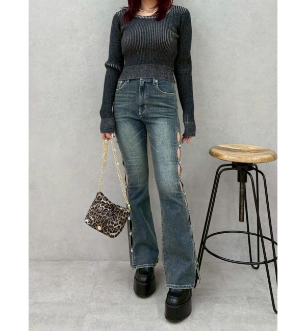 EVRIS「サイドビジューフレアデニムパンツ」|デニム|