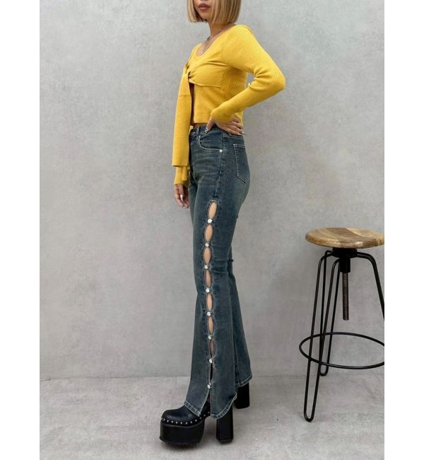 EVRIS「サイドビジューフレアデニムパンツ」|デニム|