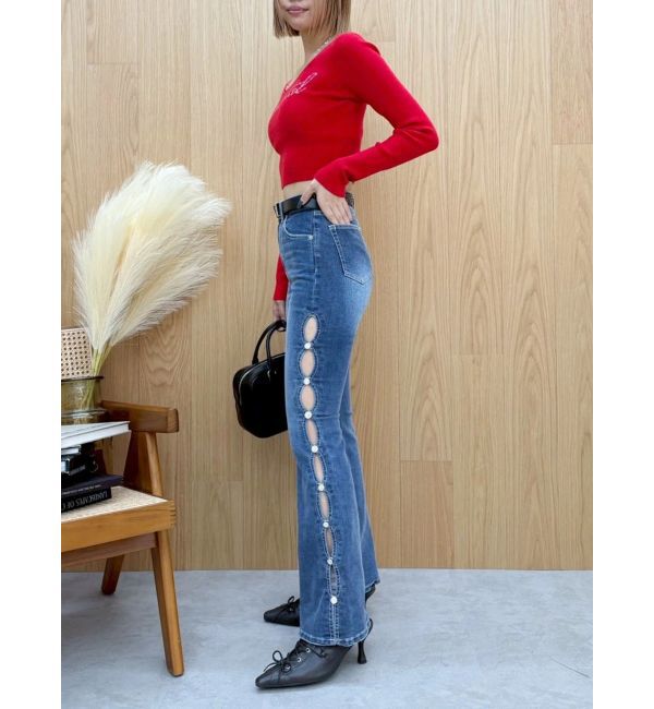 EVRIS「サイドビジューフレアデニムパンツ」|デニム|