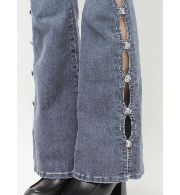 EVRIS「サイドビジューフレアデニムパンツ」|デニム|