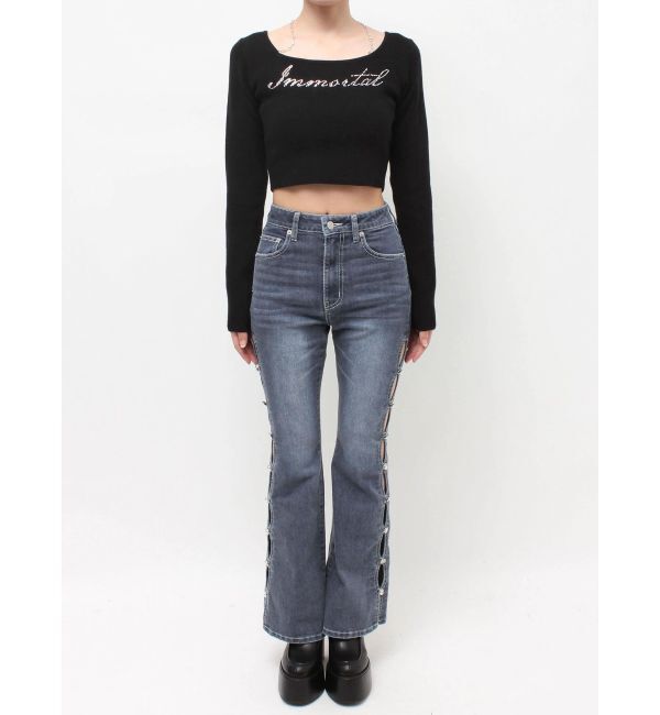 EVRIS「サイドビジューフレアデニムパンツ」|デニム|