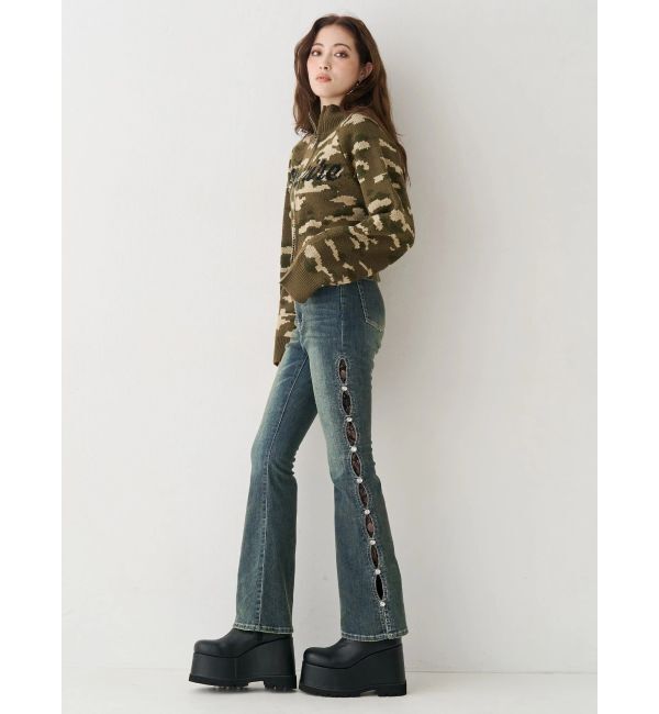 EVRIS「サイドビジューフレアデニムパンツ」|デニム|