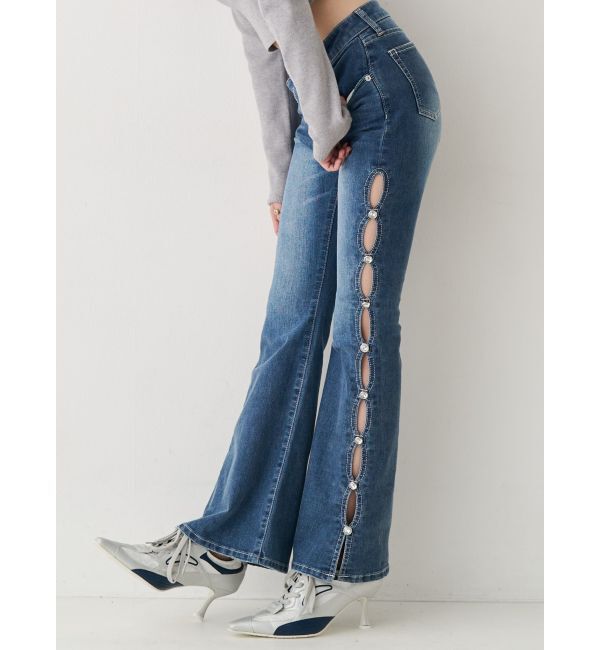 EVRIS「サイドビジューフレアデニムパンツ」|デニム|ブルー