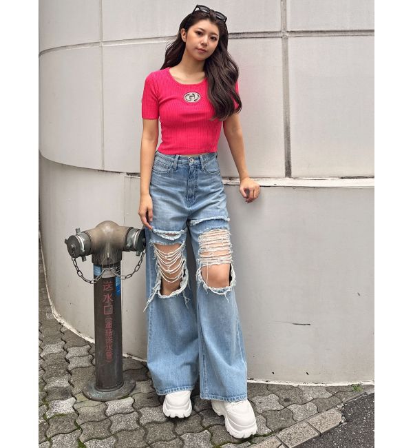 GYDA「GD bijou MOLDハーフスリーブニットトップス」|ニット・セーター|