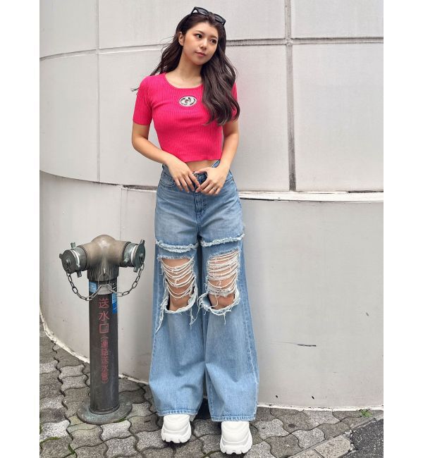 GYDA「GD bijou MOLDハーフスリーブニットトップス」|ニット・セーター|