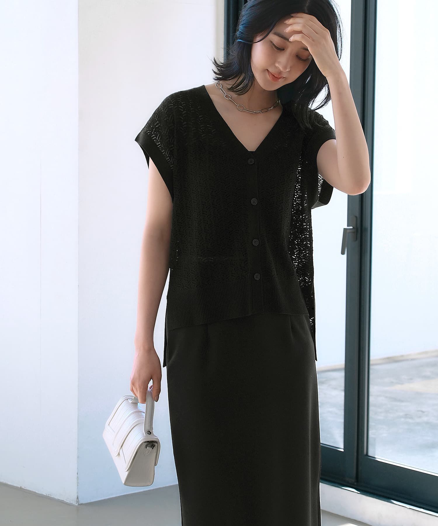 STYLE DELI「【ドライ質感】透かし編みカーディガン」|ニット・セーター|ブラック