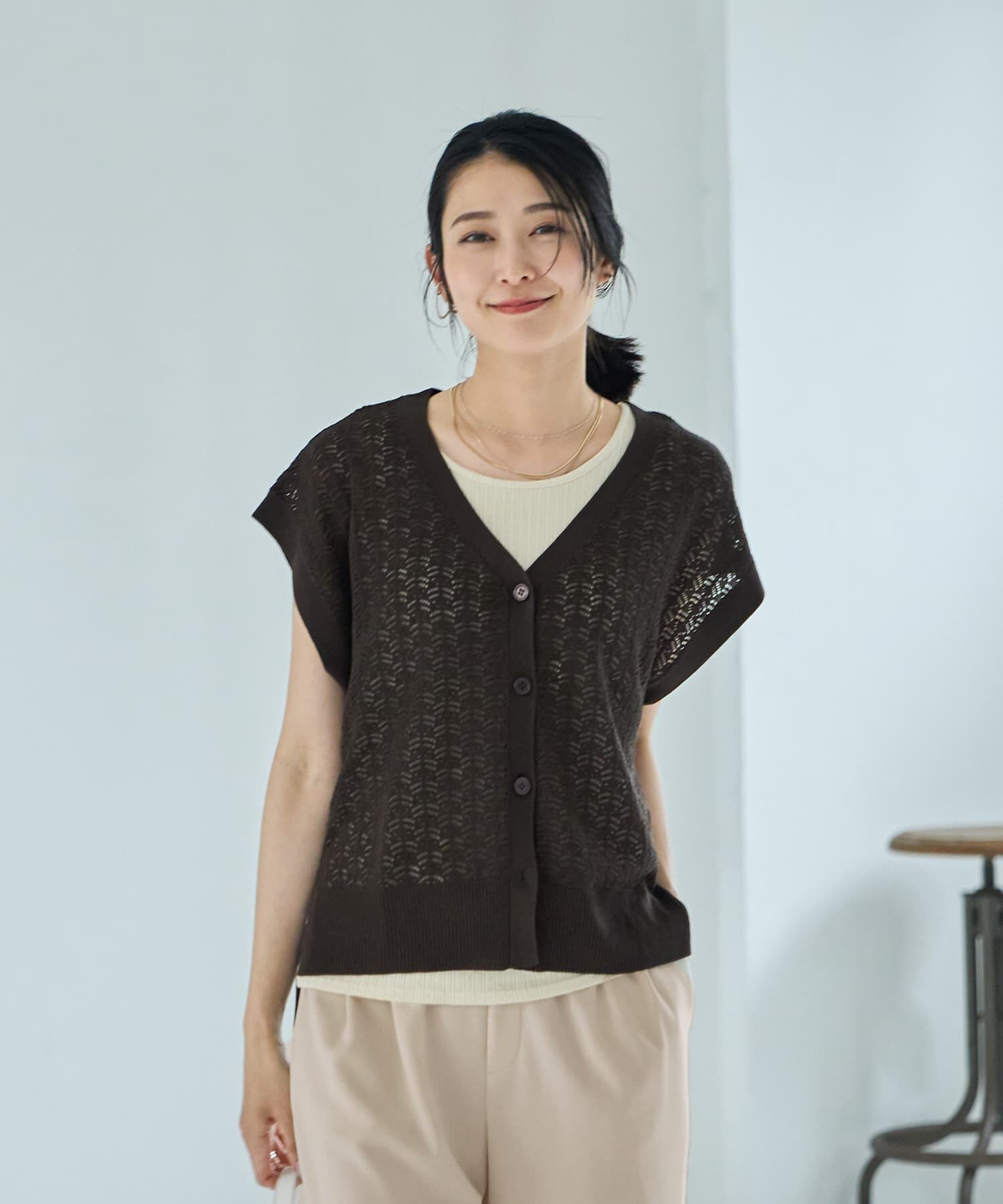 STYLE DELI「【ドライ質感】透かし編みカーディガン」|ニット・セーター|チョコレート