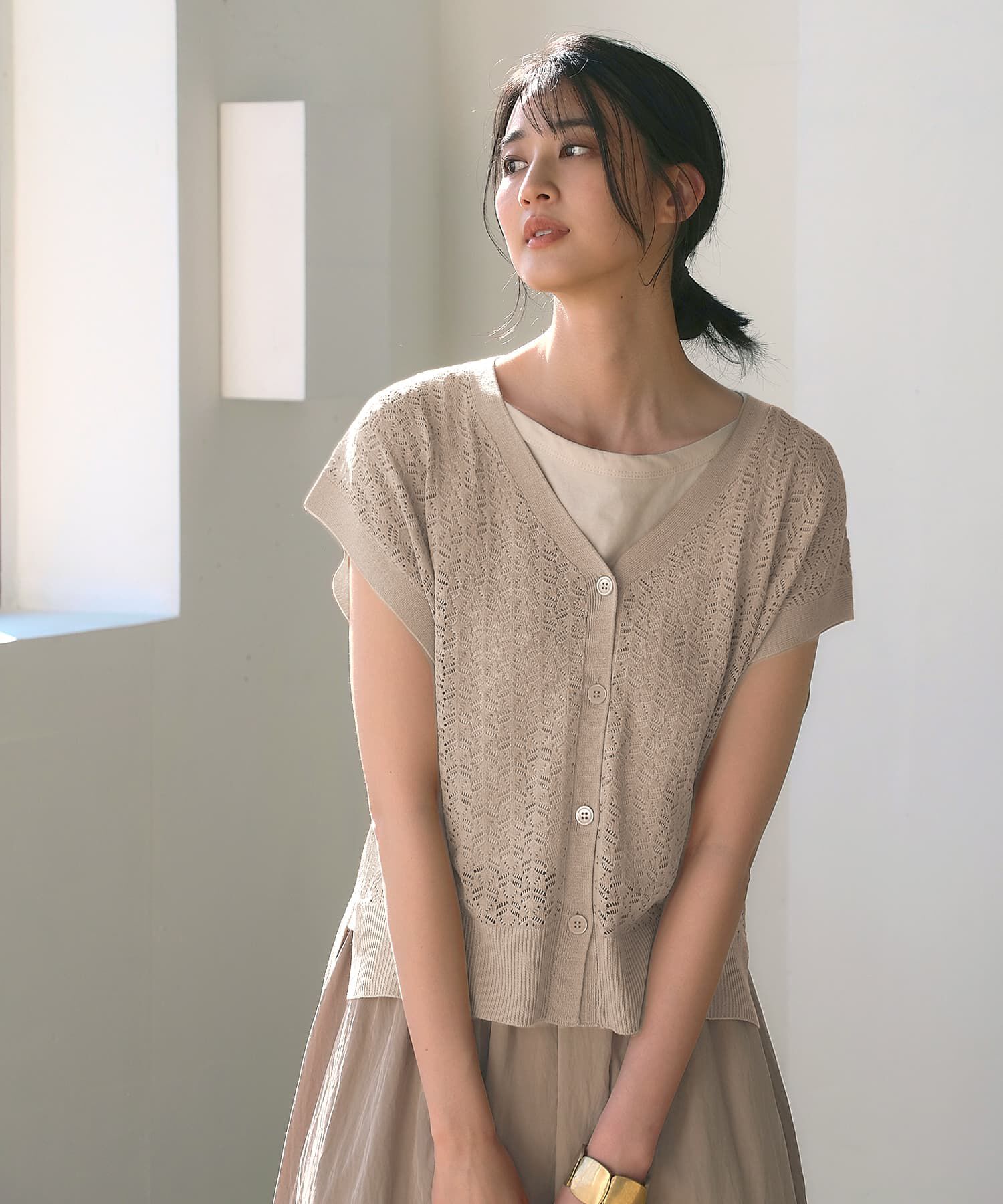 STYLE DELI「【ドライ質感】透かし編みカーディガン」|ニット・セーター|グレージュ