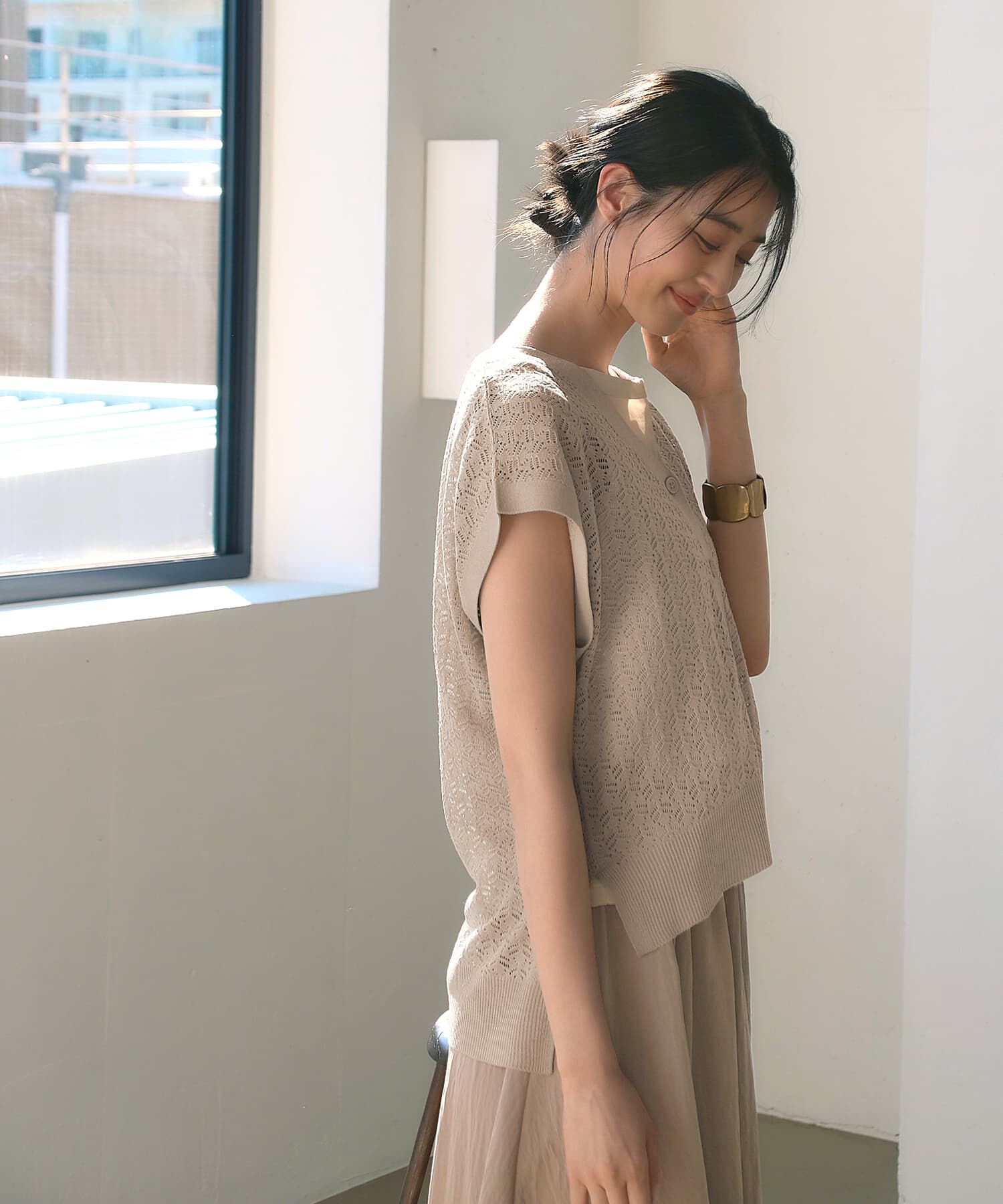 STYLE DELI「【ドライ質感】透かし編みカーディガン」|ニット・セーター|