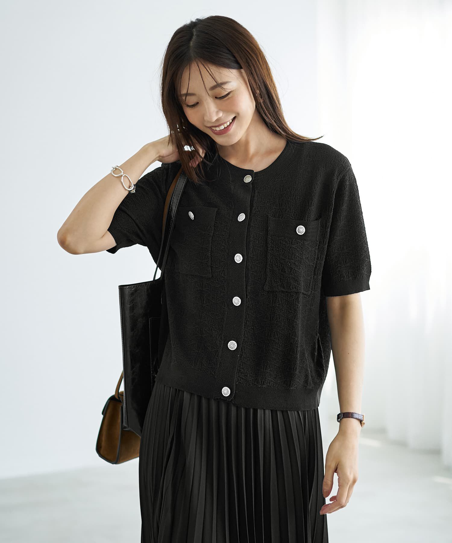 STYLE DELI「表面感のあるノーカラージャケット風カーデtops」|カーディガン|ブラック