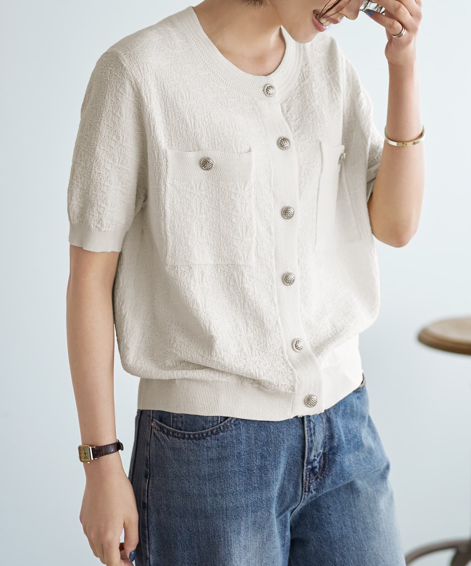 STYLE DELI「表面感のあるノーカラージャケット風カーデtops」|カーディガン|ホワイト