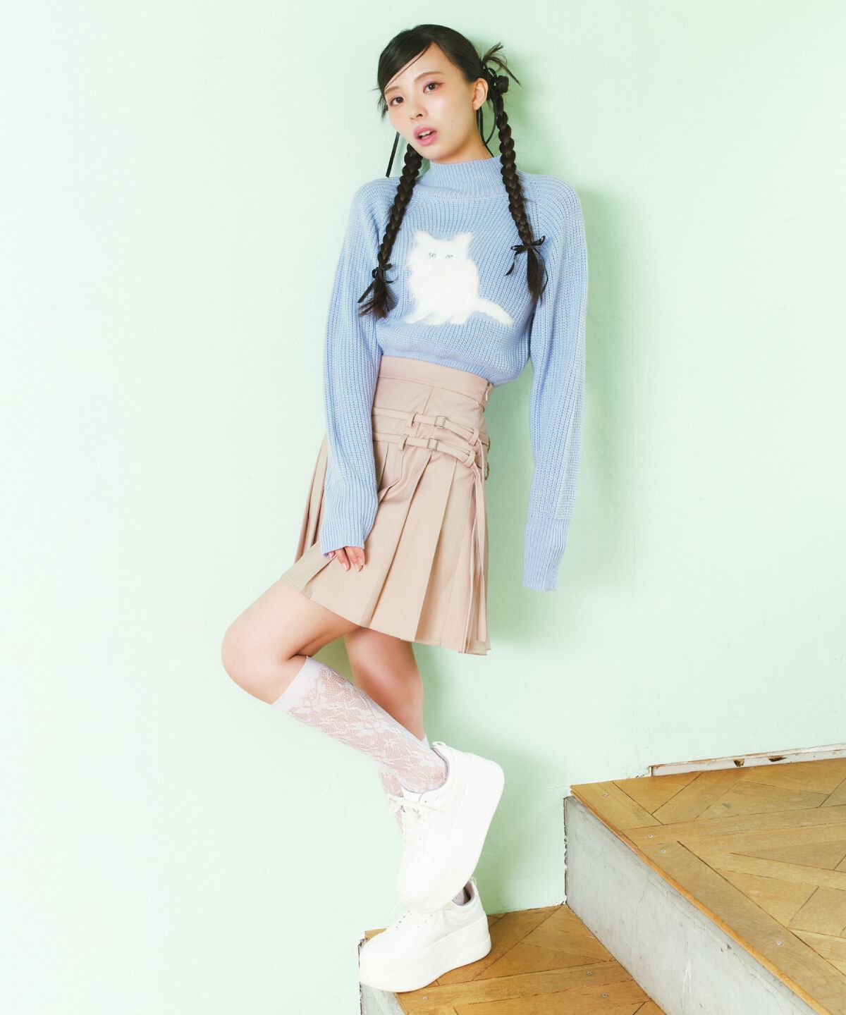 REDYAZEL「ダブルベルトプリーツミニスカート」|フレア|