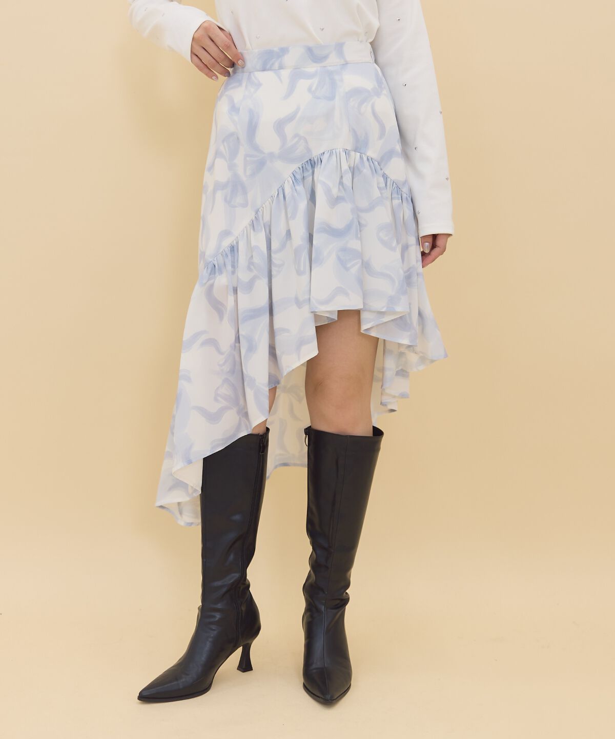 REDYAZEL「リボンプリントスカート」|フレア|ブルー