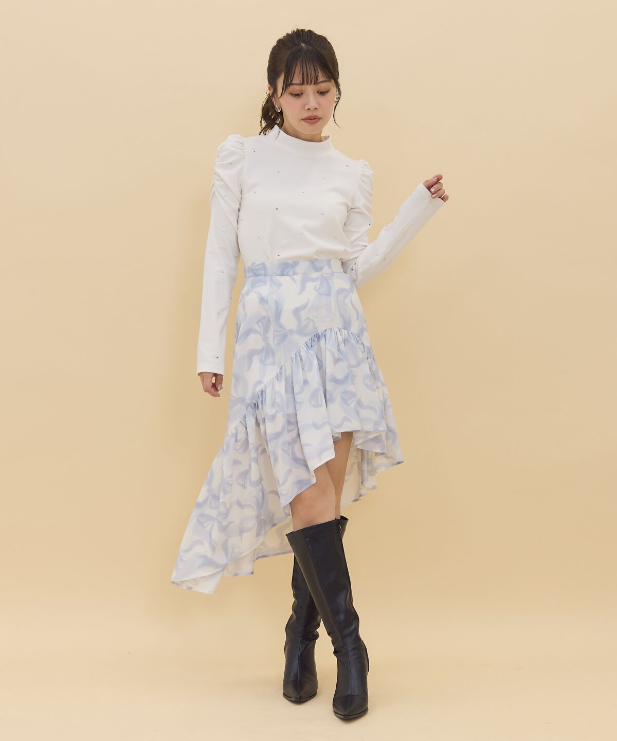 REDYAZEL「リボンプリントスカート」|フレア|