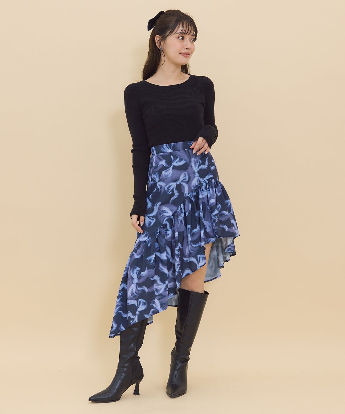 REDYAZEL「リボンプリントスカート」|フレア|