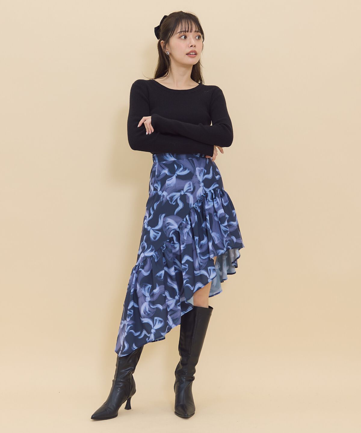 REDYAZEL「リボンプリントスカート」|フレア|