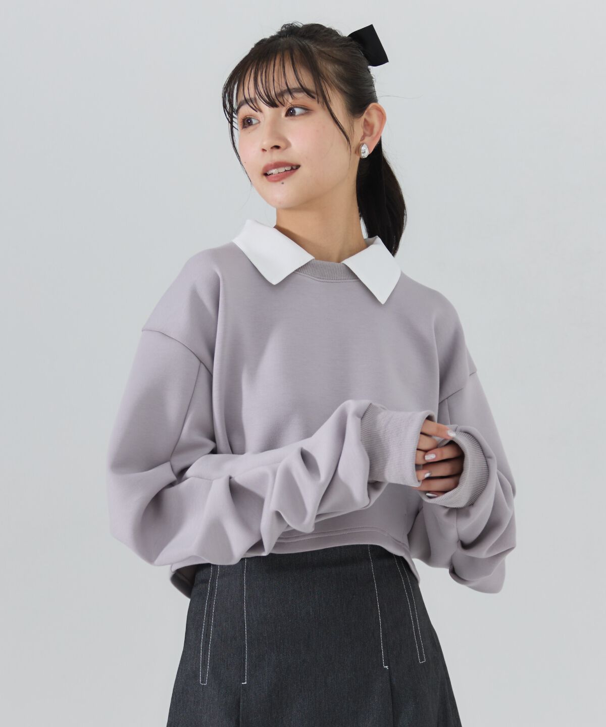 REDYAZEL「襟つきタックスリーブトップス」|Tシャツ・カットソー|グレー