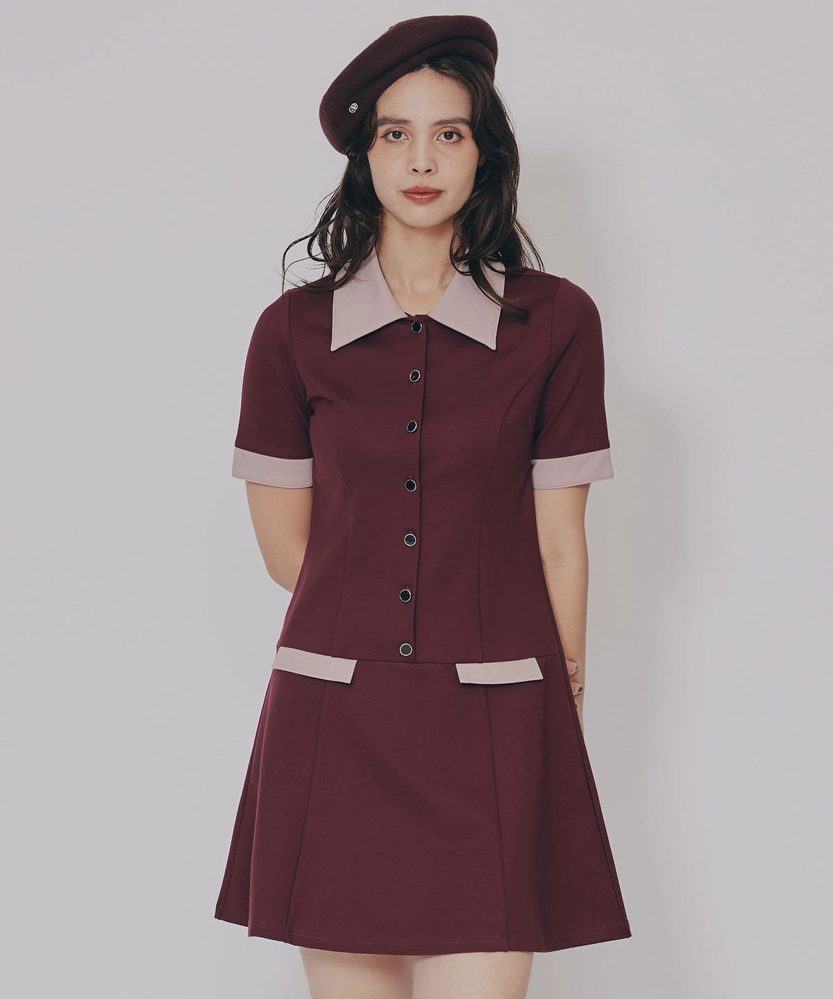 REDYAZEL「バイカラーポンチシャツミニワンピース」|ワンピース|ボルドー