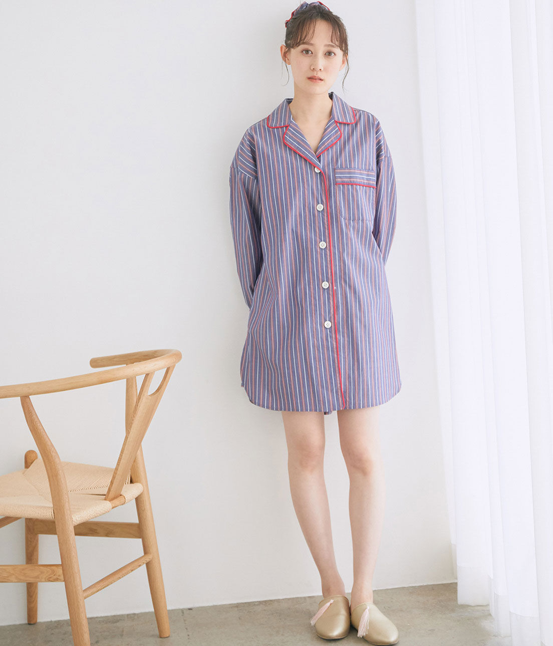 VIS「【鎌倉シャツ&times;ViSage】【SET】チュニックショートパンツパジャマ」|ルームウェア|