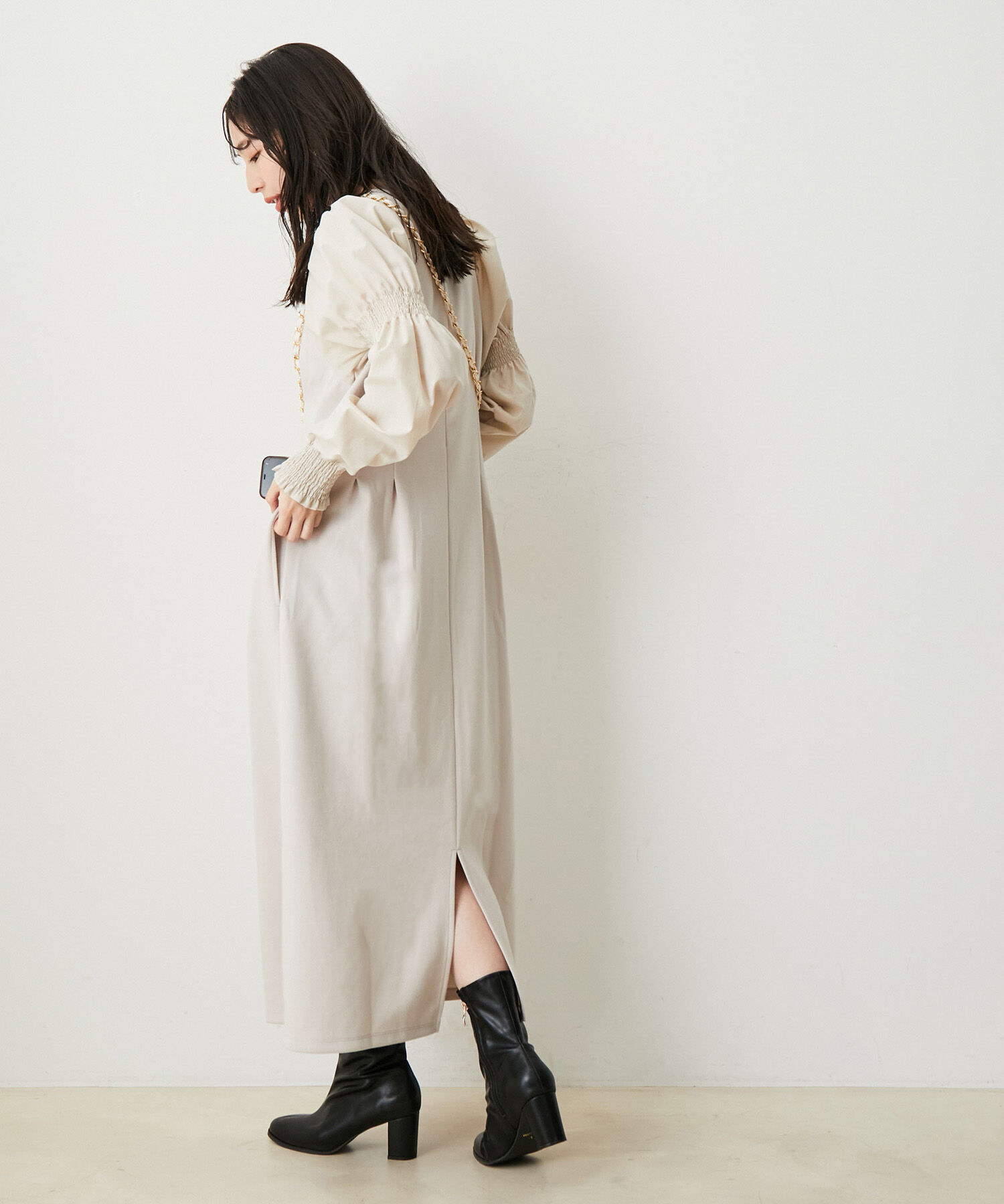 VIS「【選べる着丈】袖シャーリングドッキングワンピース【洗える】」|ワンピース|