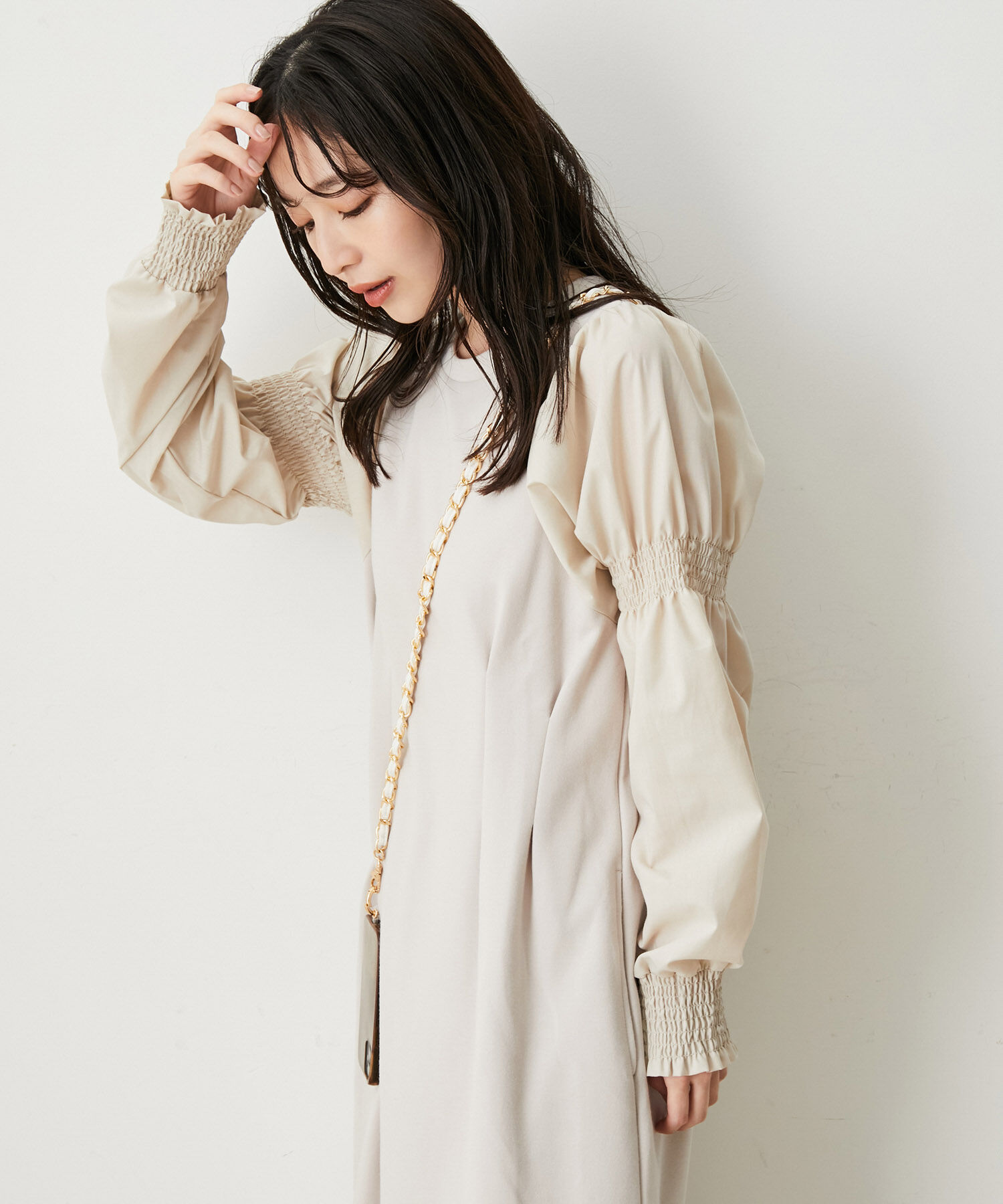 VIS「【選べる着丈】袖シャーリングドッキングワンピース【洗える】」|ワンピース|