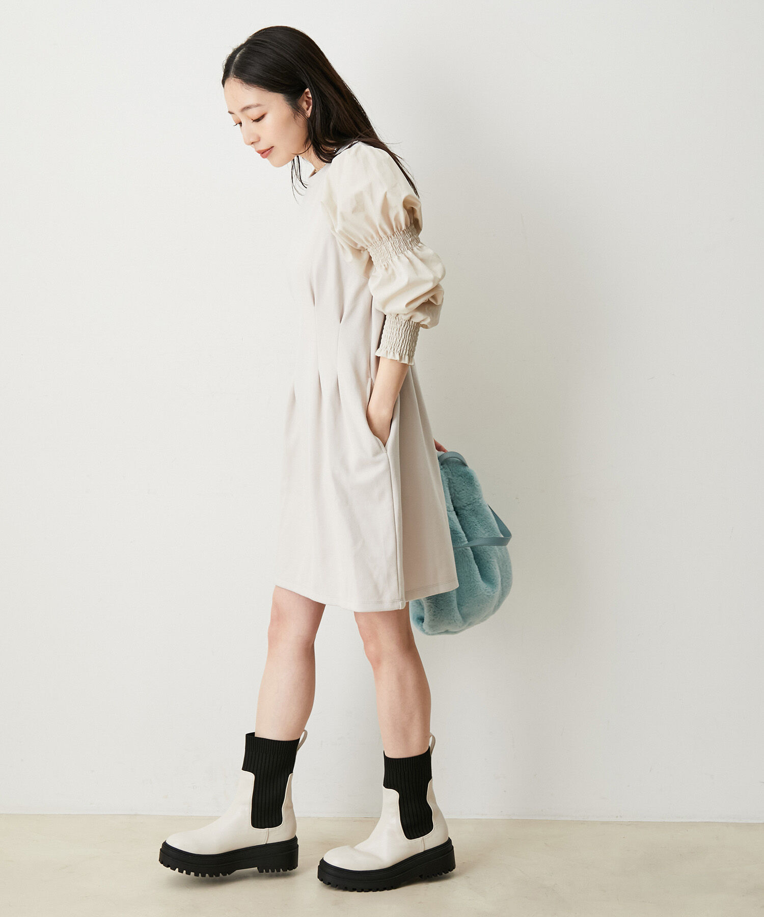 VIS「【選べる着丈】袖シャーリングドッキングワンピース【洗える】」|ワンピース|