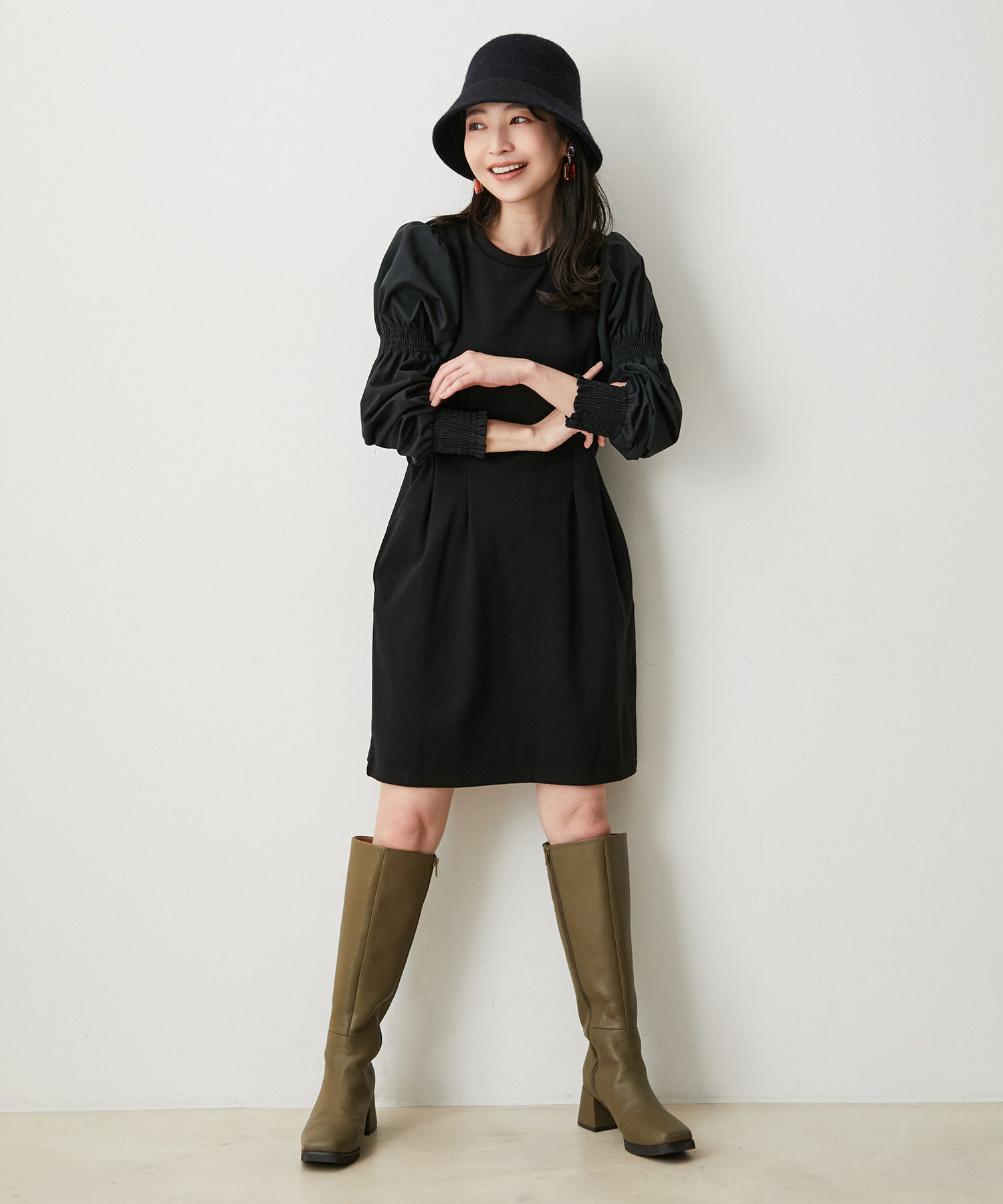 VIS「【選べる着丈】袖シャーリングドッキングワンピース【洗える】」|ワンピース|