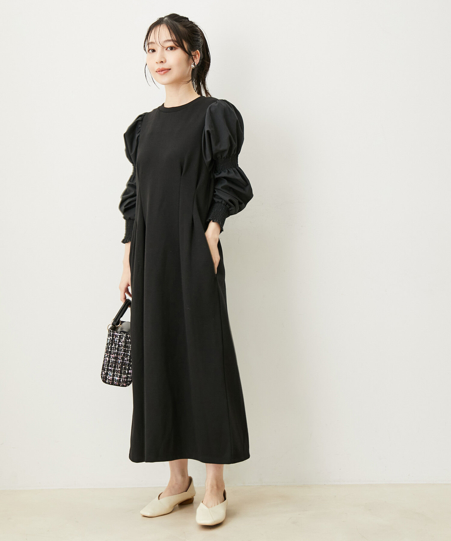 VIS「【選べる着丈】袖シャーリングドッキングワンピース【洗える】」|ワンピース|