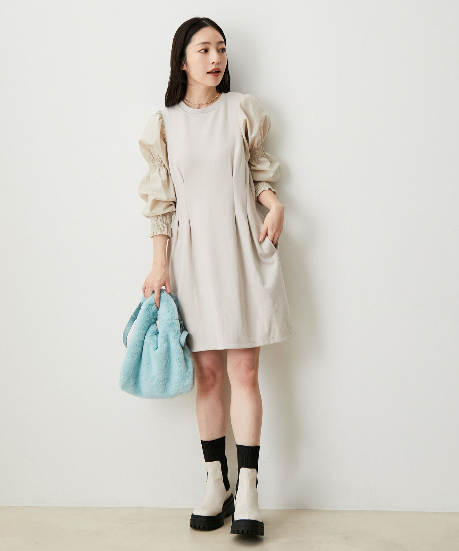 VIS「【選べる着丈】袖シャーリングドッキングワンピース【洗える】」|ワンピース|