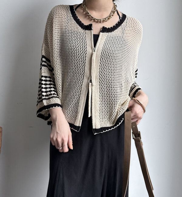  「【WEB限定】バイカラーメッシュカーディガン」|カーディガン|