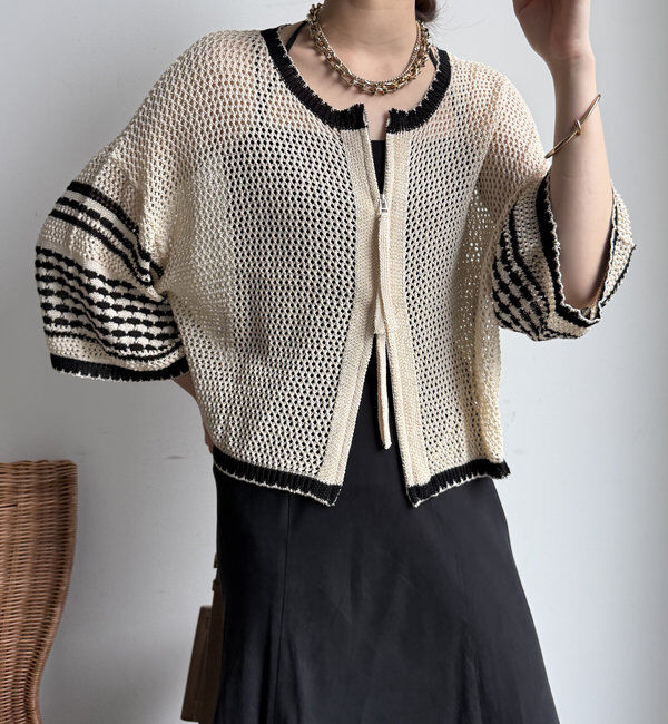  「【WEB限定】バイカラーメッシュカーディガン」|カーディガン|