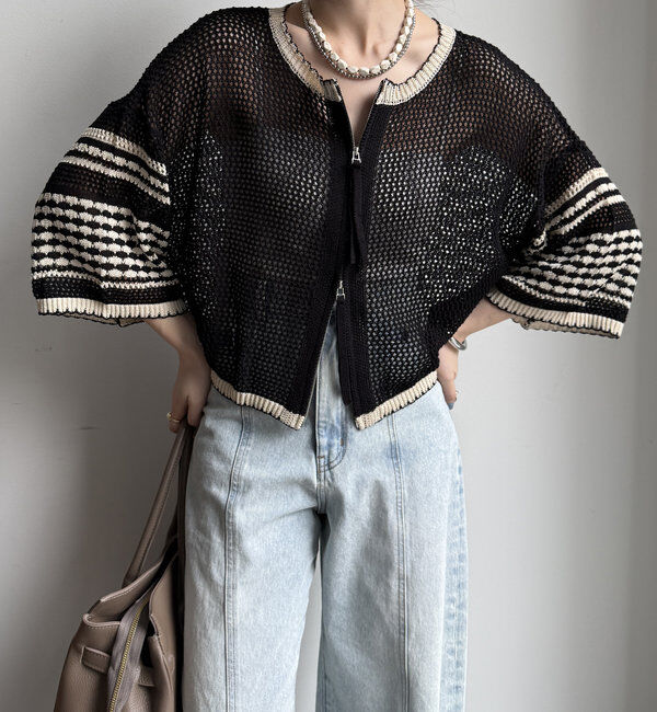  「【WEB限定】バイカラーメッシュカーディガン」|カーディガン|